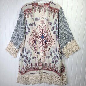 Jolt Kimono Cardigan XL Blue Red Paisley Boho Lace Trim Cover Up Sheer Cottage
